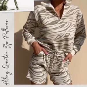 OLI VIV Hilary Quarter Zip Cream/Olive Green Zebra Print Pullover Sweatshirt